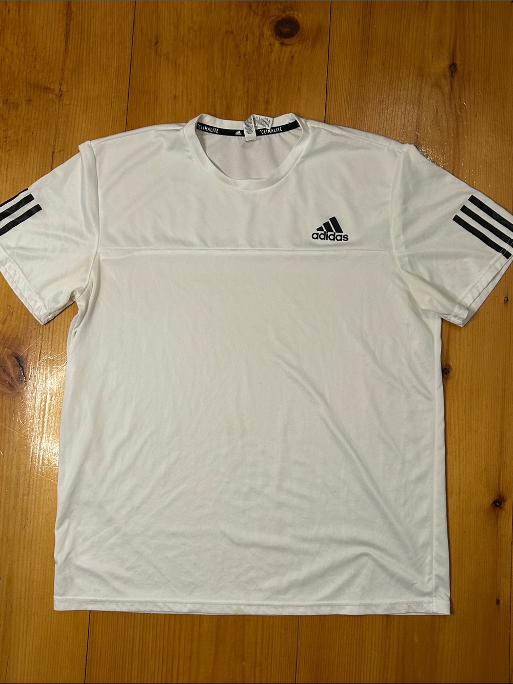 adidas climalite White Short Sleeve Athletic Tee with Black Sleeve Stripes